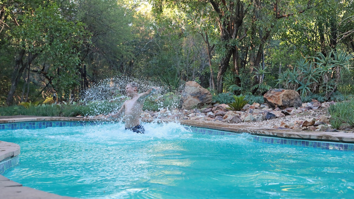A swimming pool surrounded by natural foliage features clear turquoise water. Splashes are seen as a figure engages in playful activity, highlighting the inviting atmosphere. Lush greenery and decorative rocks are positioned around the pool, creating a serene outdoor environment.