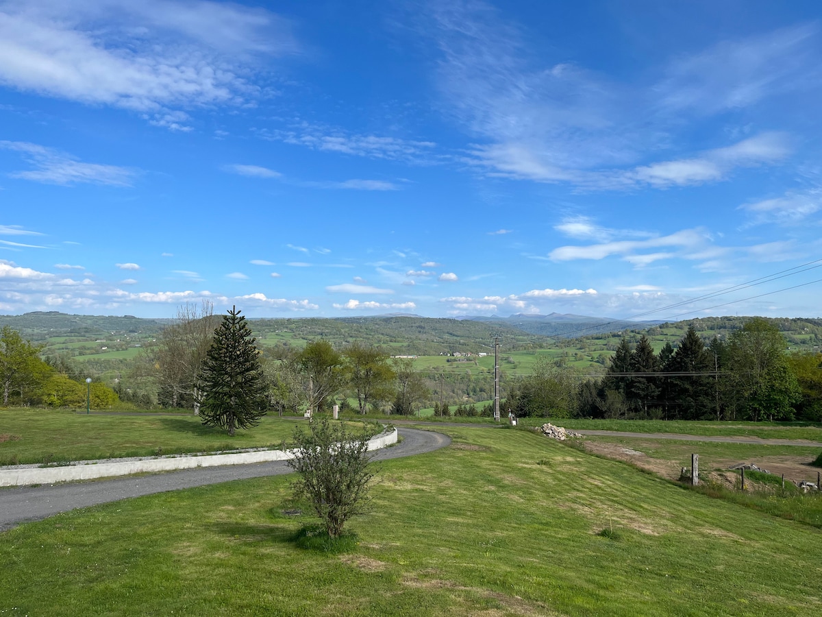 A serene landscape features rolling green hills under a bright blue sky scattered with fluffy clouds. A winding path leads through the lush lawn, accompanied by mature trees that frame the picturesque view.