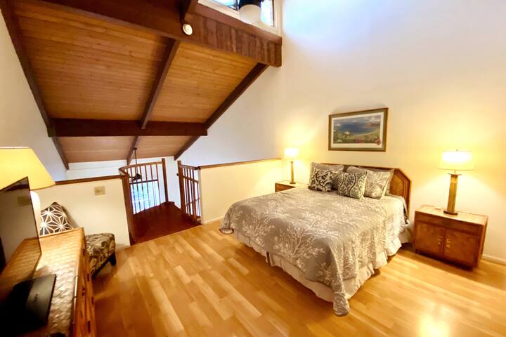 upstairs loft bedroom suite with ceiling fans, cable TV, closet and private bathroom
