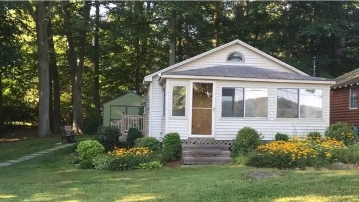 A charming cabin exterior is framed by lush greenery and yellow flowers. The facade features a large window that allows natural light to fill the interior. Steps lead up to the front entrance, providing access to the welcoming porch.