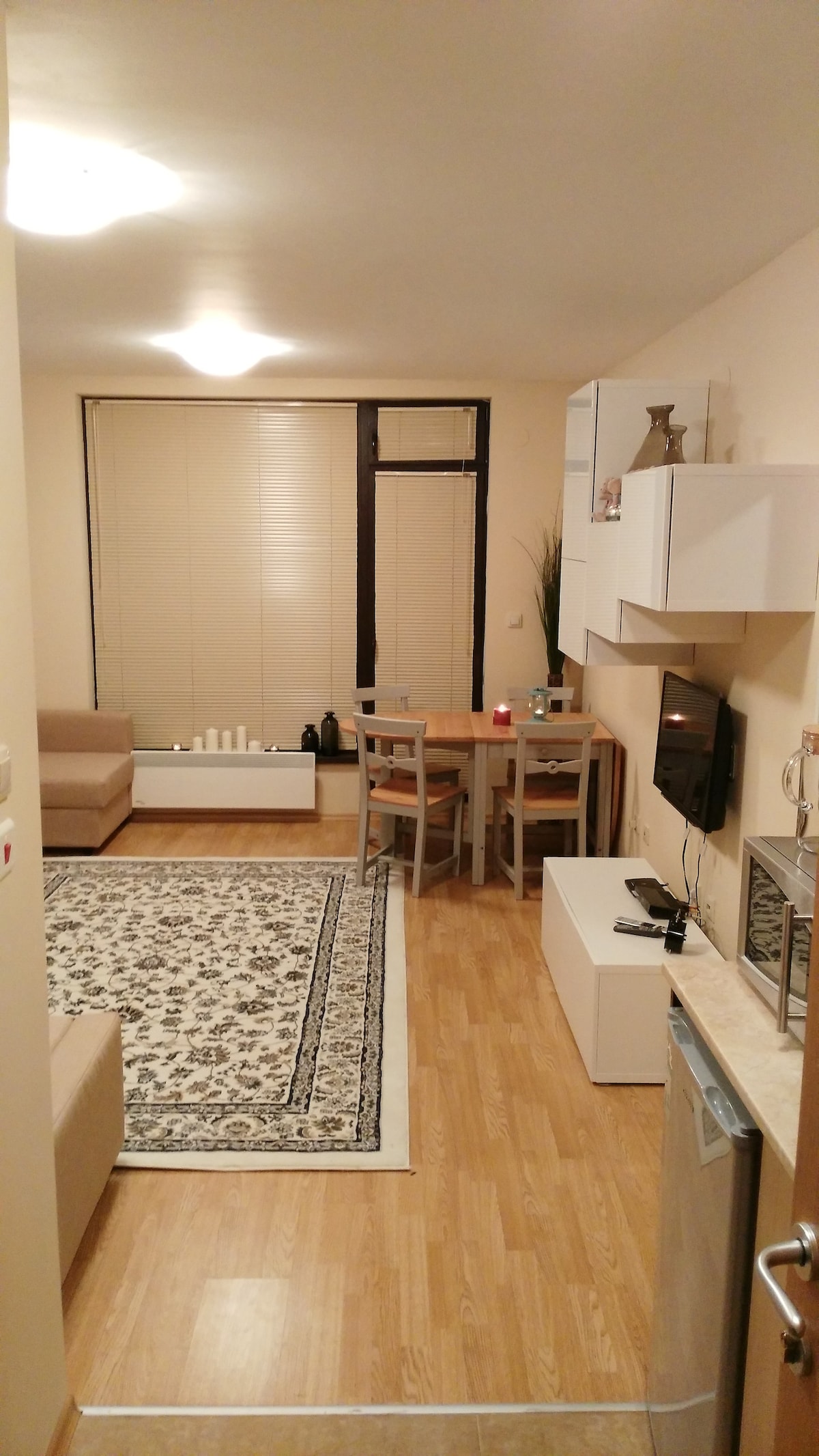 The living area features light wooden flooring and a soft beige rug, with a small dining table surrounded by four chairs. A comfortable sofa is positioned next to a large window, while a minimalist entertainment unit enhances the space's functionality.
