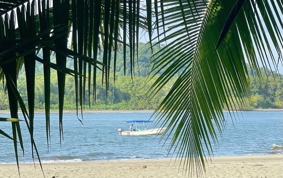 A serene view of a calm river is captured through lush green palm fronds. In the distance, a small boat is seen gently navigating the water, surrounded by verdant hills on the opposite shore. The sandy bank is partially visible, adding to the natural setting.