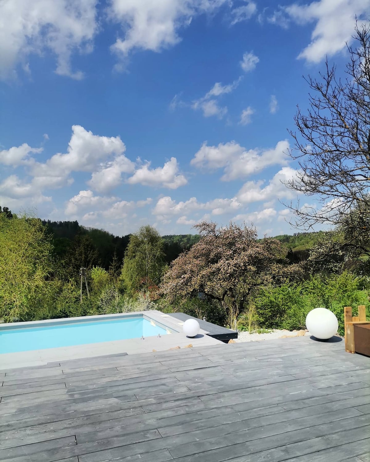 A spacious outdoor area features a swimming pool with clear blue water, surrounded by green trees and blooming shrubs. The scene is enhanced by a blue sky dotted with fluffy white clouds. A round white lamp and a wooden seating area are visible.