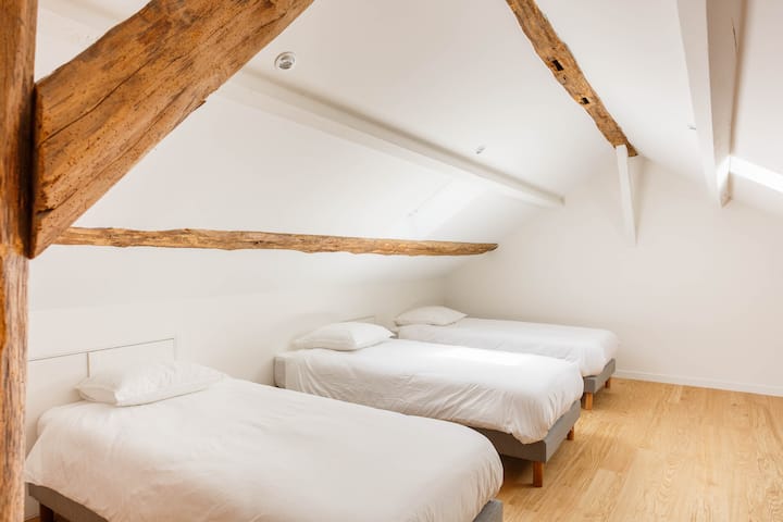 Maison Guynemer. Chambre N°6 " La Mezzanine ". Chambre au 2ème étage de 45m2. 1 lit queensize et 3 lits simples. Salle de bain extérieure partagée avec la chambre N°5. WIFI & climatisation. TV