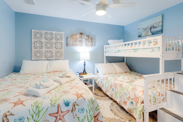 Brand new mattresses all with fully wrapped allergen mattress covers. 
Queen sized bed plus a twin over Full size bunk bed. Spacious bedroom offers two dressers as well. Plus a 40” smart tv to enjoy streaming 