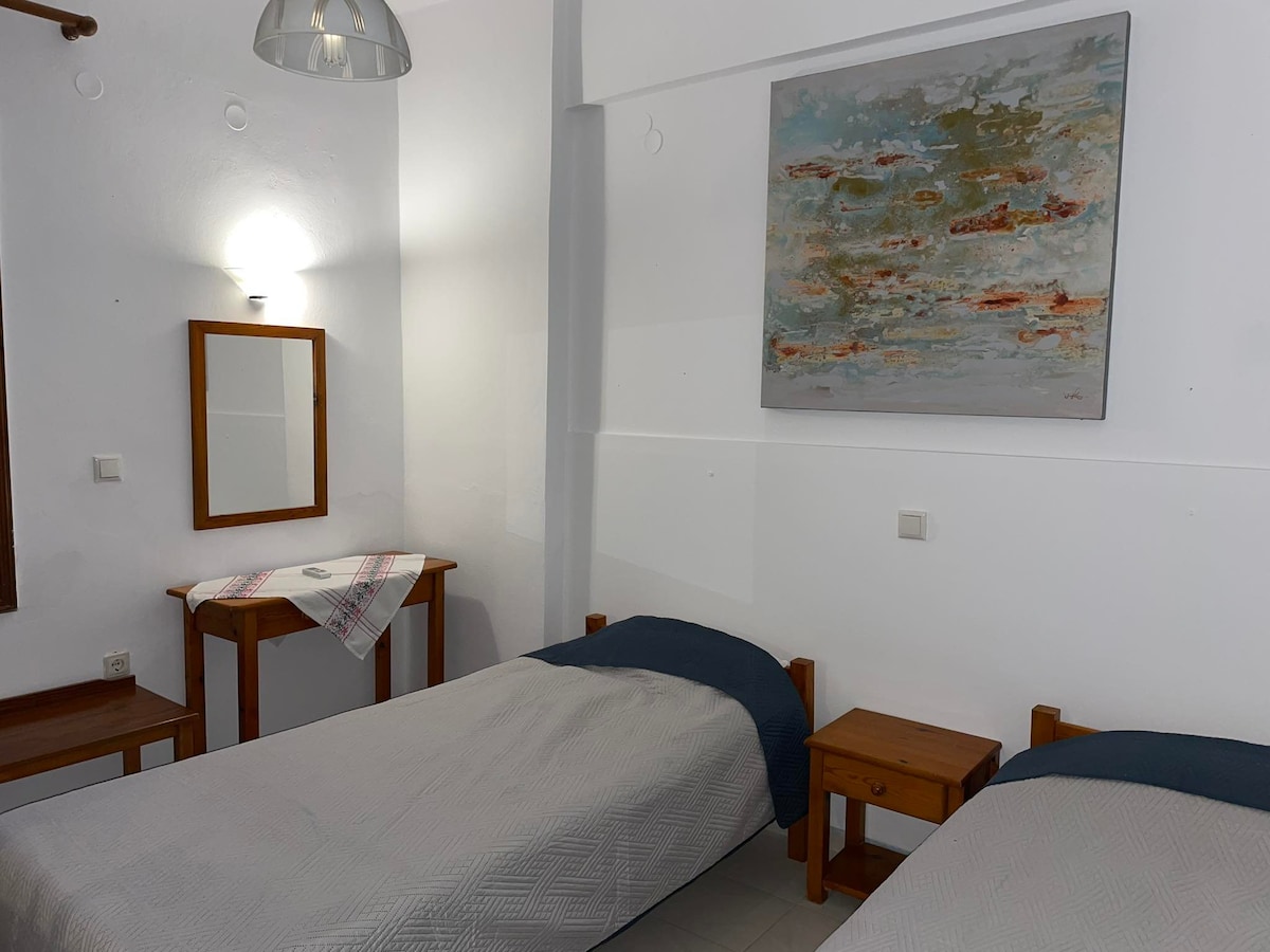 The room features two single beds with light grey bedding, positioned against a bright wall. A wooden bedside table stands next to each bed. A mirror is mounted on the wall beside a small wooden table, while a colorful artwork adds visual interest above the beds.