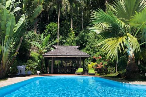 Luxury villa in a green setting.