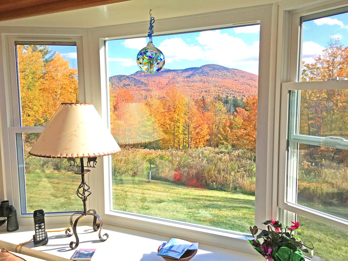 A sunlit corner of the sunroom features a decorative lamp beside a small table. The large window showcases a vibrant autumn landscape, with colorful foliage and distant mountains creating a serene backdrop.