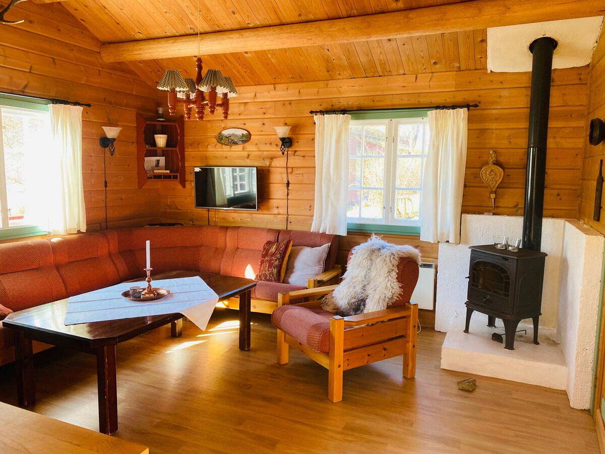A warm living area is enclosed by wooden walls, featuring a large L-shaped sofa and an armchair. A wooden coffee table occupies the center, illuminated by natural light through two windows adorned with white curtains. A small wood-burning stove adds a cozy element to the space.