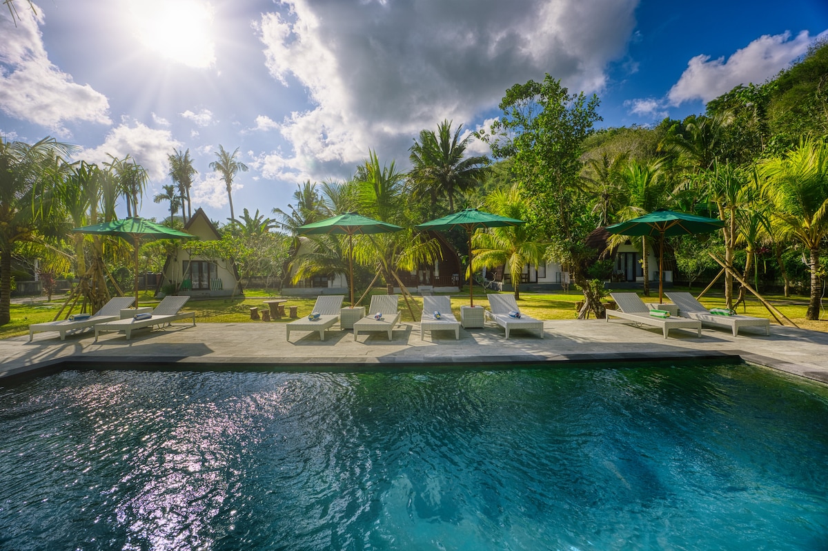 A tranquil outdoor area is highlighted by a swimming pool surrounded by several lounge chairs. Large green umbrellas provide shade. Lush palm trees and tropical plants create a serene ambiance, while bright sunlight filters through the clouds, enhancing the relaxing environment.