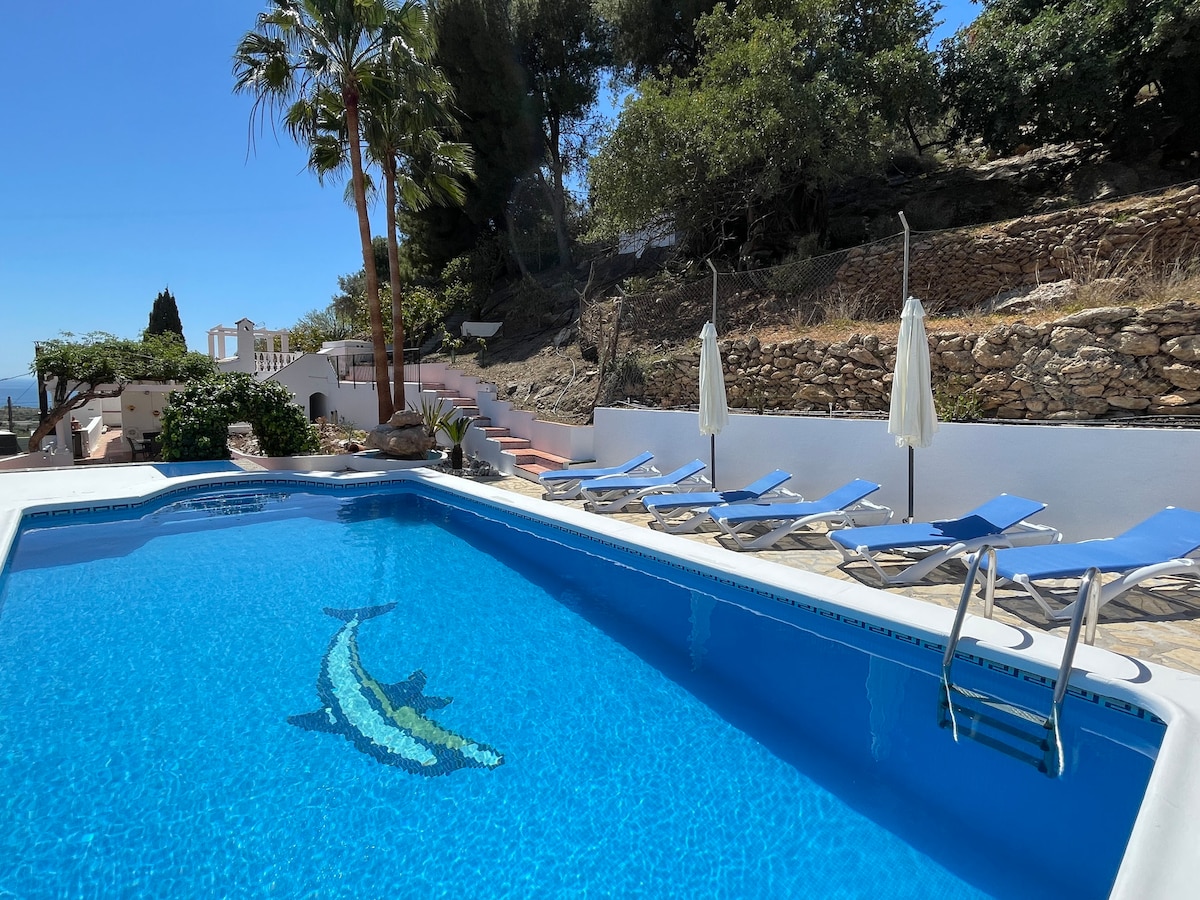 A private pool is surrounded by sun loungers, offering ample space for relaxation. The water features a mosaic design, and tall palm trees are visible in the background, providing a tropical ambiance. The pool's edge is bordered by a white wall and landscaped stone terraces.