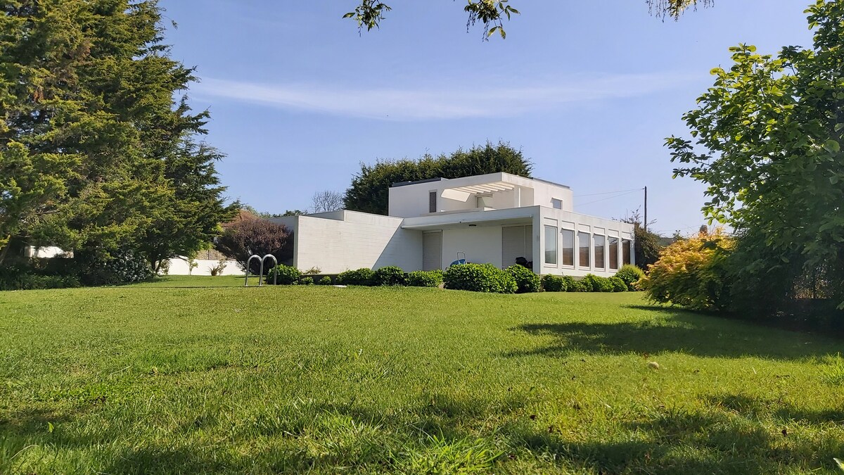 A modern house is set within a spacious green lawn, surrounded by manicured shrubs and trees. The building features a white exterior with large windows that invite plenty of natural light. The scene reflects a serene outdoor environment.