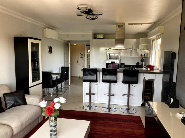 Cocina americana con sala de estar, sofá cama doble. Mesa de comedor plegable para interiores.