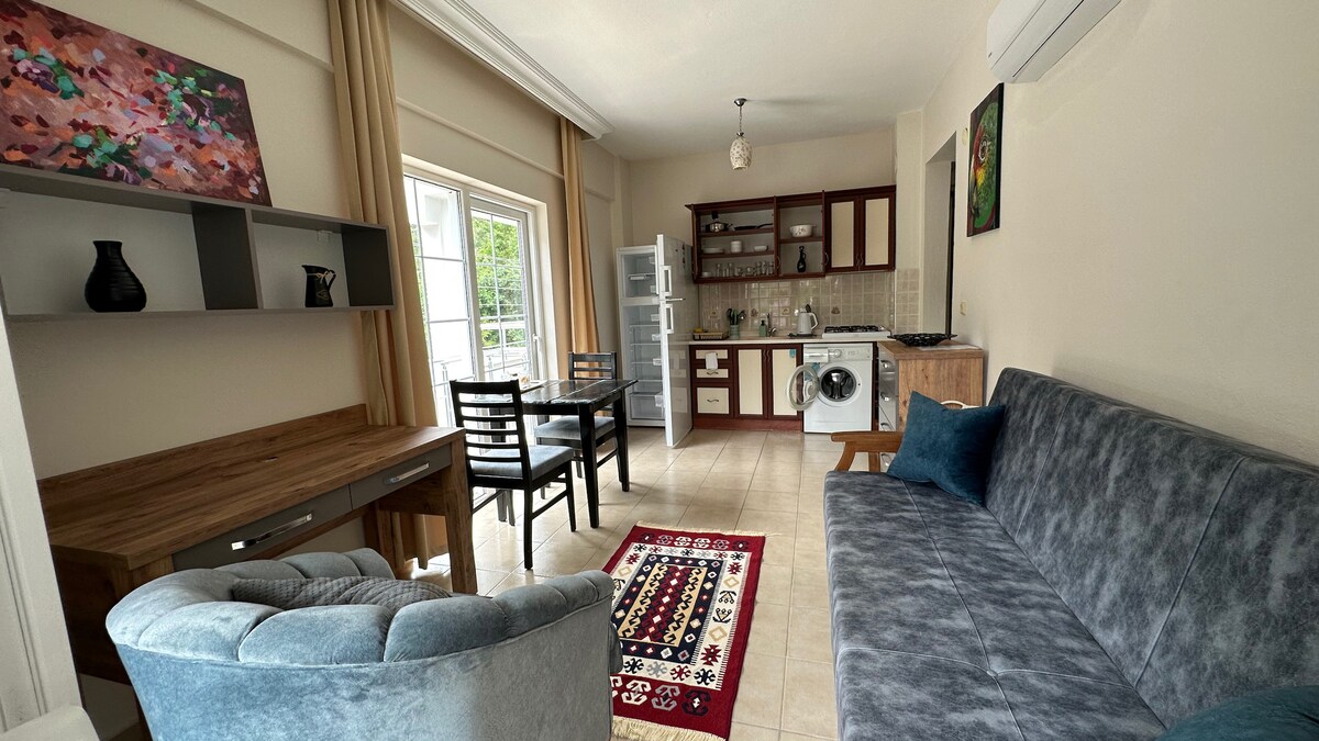 A cozy living area features a gray sofa and an armchair, complemented by a wooden dining table and chairs. A small kitchenette showcases cabinets and essential appliances, with a window allowing natural light to fill the space. A vibrant rug adds a colorful touch to the floor.