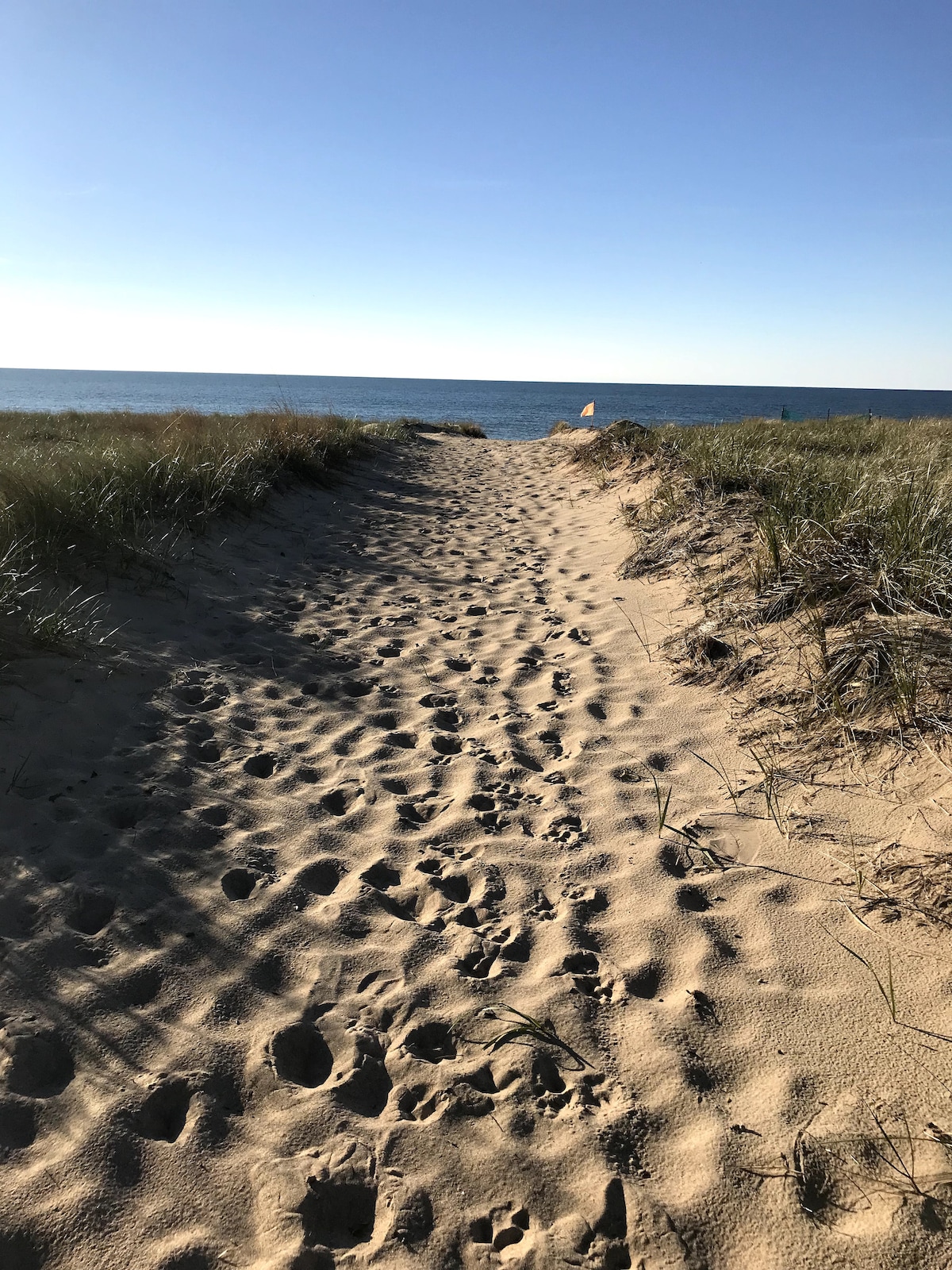 A sandy path leads from the grass-covered dunes to the beach, with footprints visible in the sand. The scene features a clear blue sky and calm ocean waves in the distance, inviting a sense of peaceful seaside access.