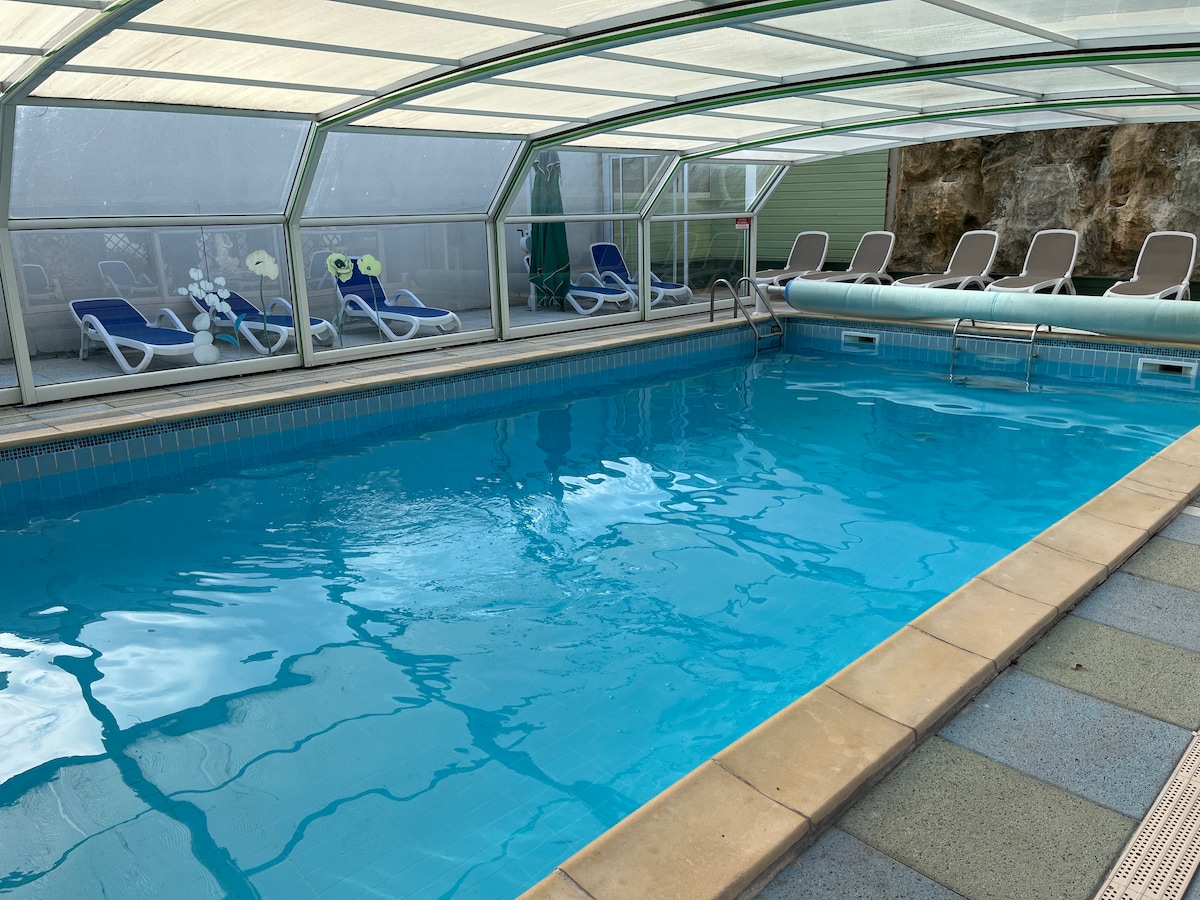 An indoor swimming pool with crystal-clear water is framed by a protective glass enclosure. Multiple lounge chairs are arranged along the poolside, providing a space for relaxation. The pool area is well-lit, enhancing the inviting atmosphere of the serene space.