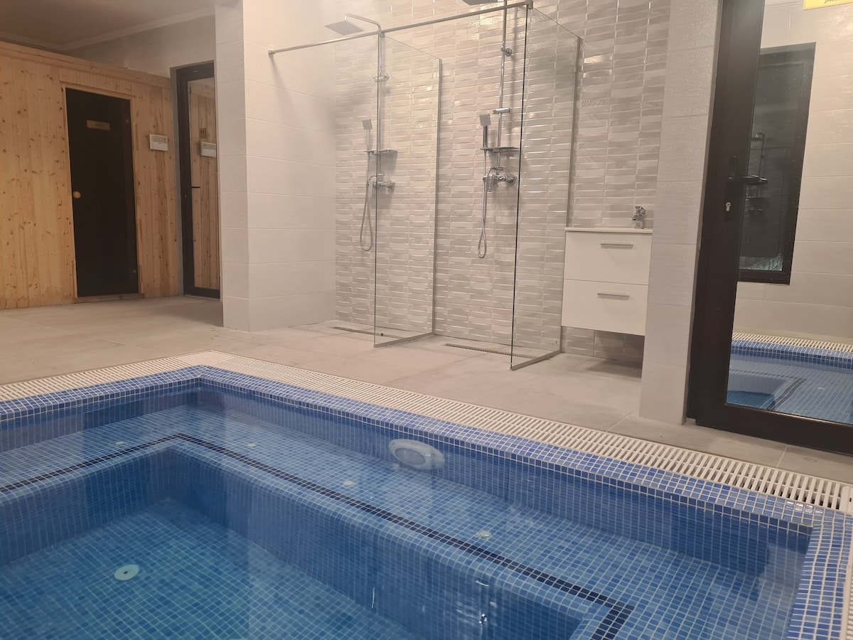 An indoor relaxation area features a small, inviting plunge pool surrounded by tiled flooring. Two glass shower enclosures are visible, complementing a light-colored vanity unit nearby. The atmosphere is serene, enhanced by neutral tones and a spacious layout.