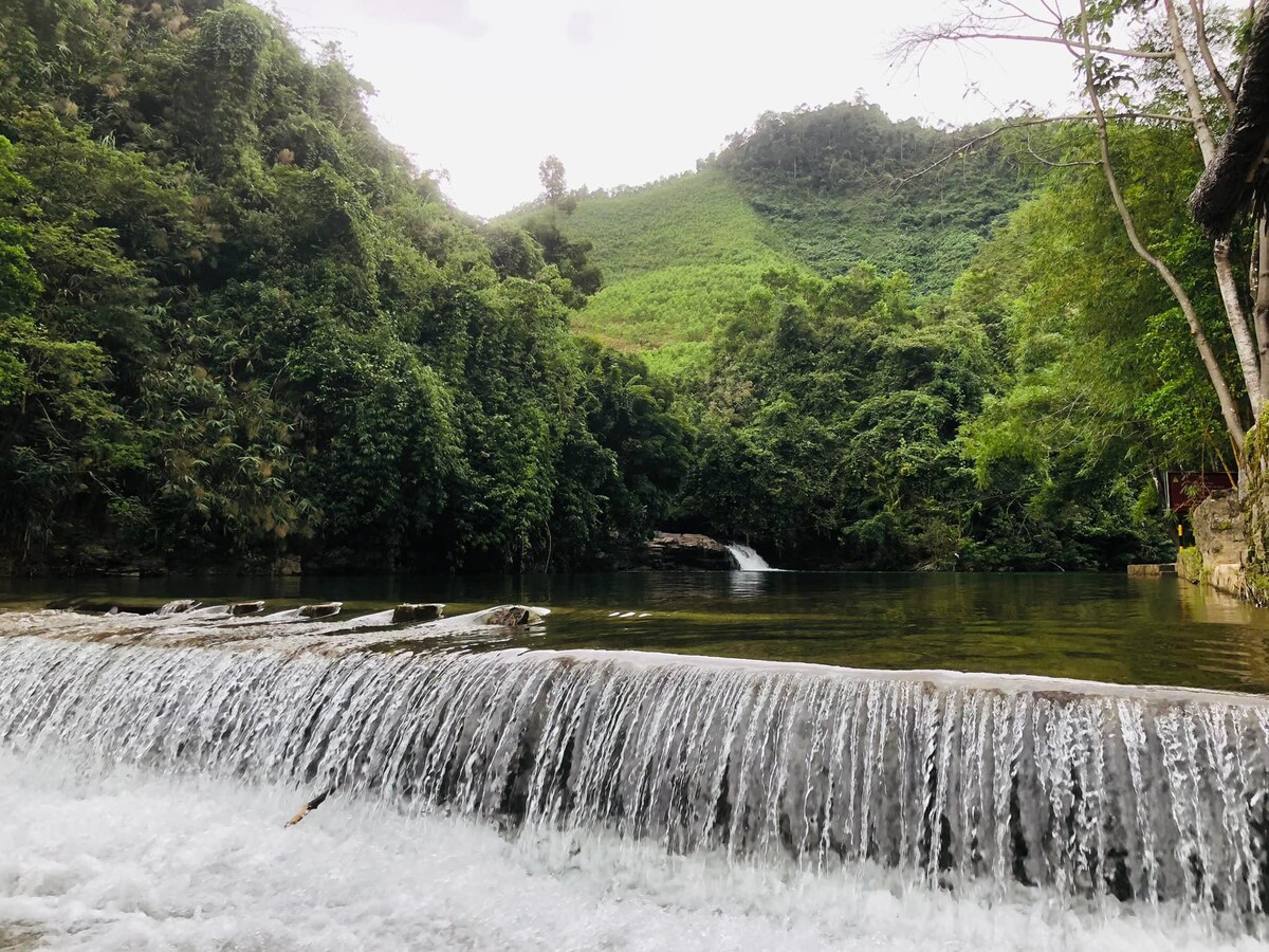 A natural waterfall cascades gently over a smooth stone ledge into a clear pool. Lush greenery surrounds the area, with hills rising in the background. The calm water reflects the greenery, creating a serene atmosphere in the heart of nature.