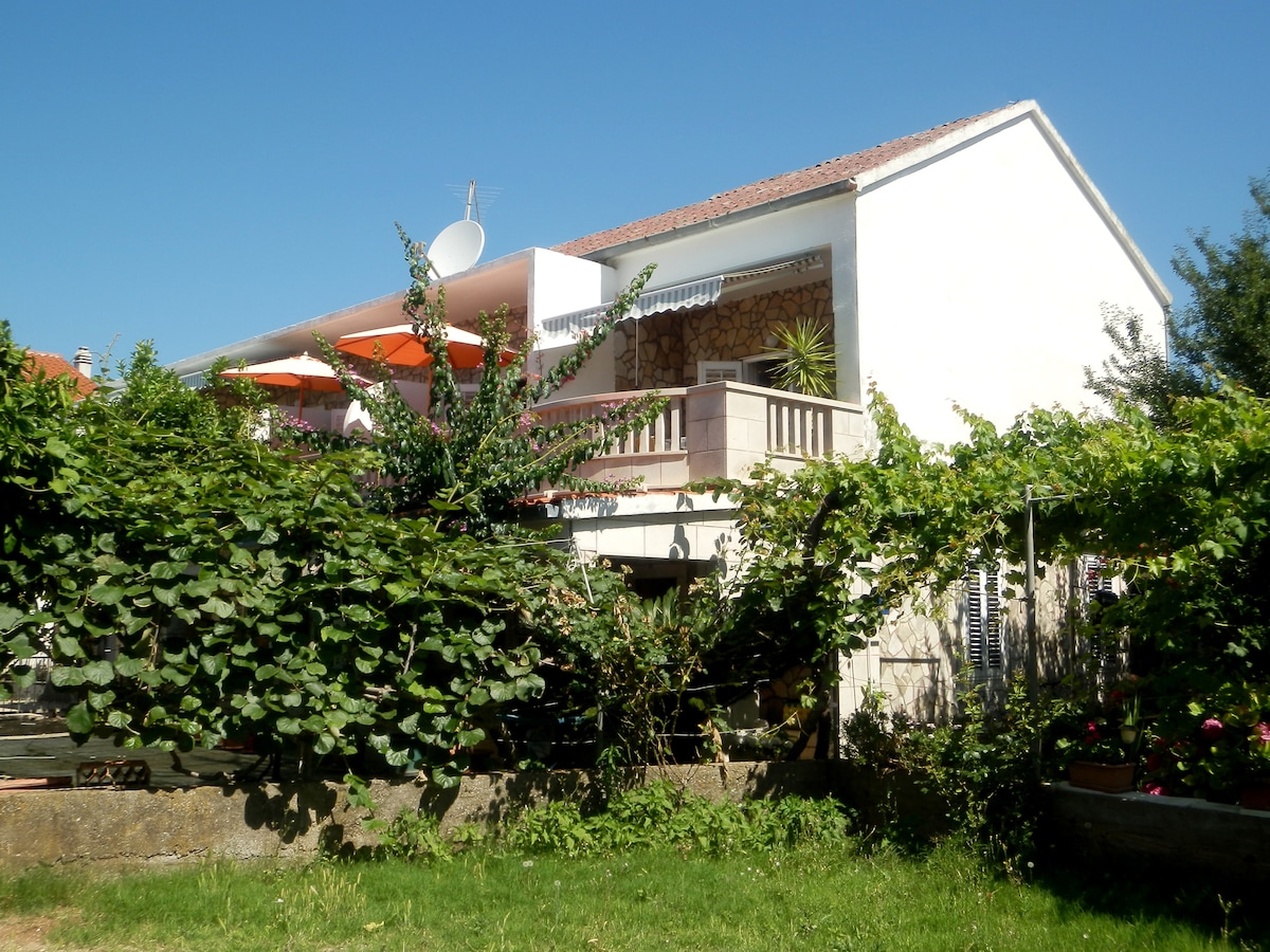 The exterior of the apartment is surrounded by lush greenery and shrubs, with vines climbing along the walls. A balcony features orange umbrellas, and a clear blue sky forms the backdrop, adding a bright, open atmosphere to the space.