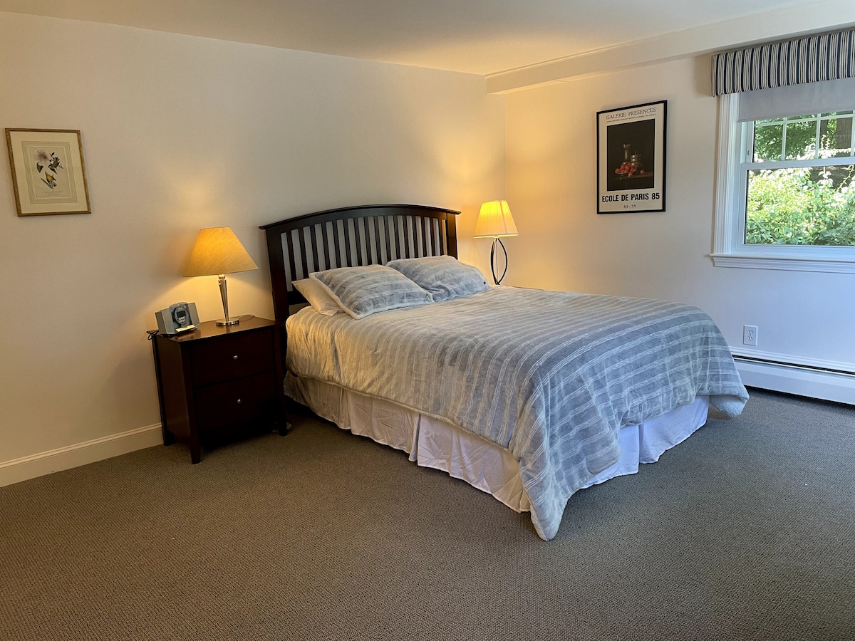 A spacious bedroom is presented with a queen bed, dressed in a soft, striped blanket. A bedside table, featuring a lamp, complements the decor. Natural light filters through a window, which is adorned with light fabric shades, creating a calm and inviting space.