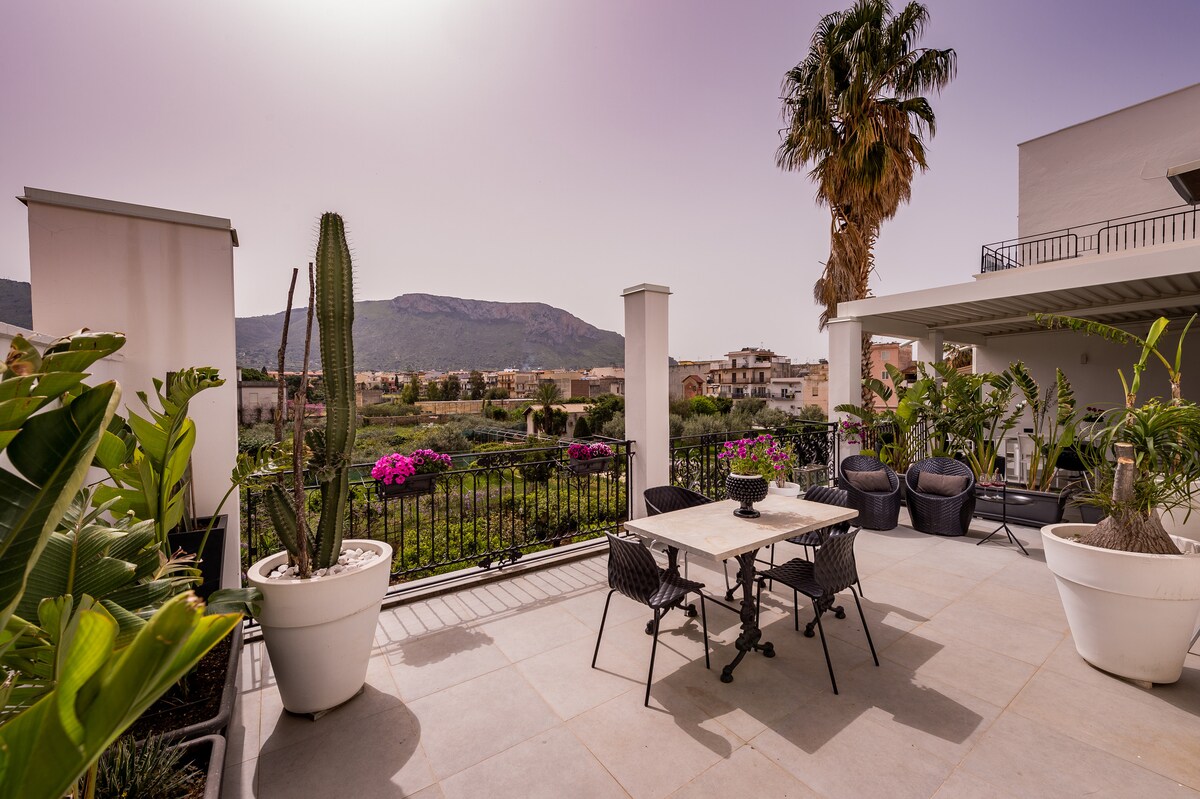 An outdoor terrace features a table surrounded by stylish chairs, with expansive views of the surrounding countryside. Potted plants, including cacti and flowering shrubs, add greenery and vibrancy. The sunlight creates a warm ambiance, enhancing the serene outdoor setting.