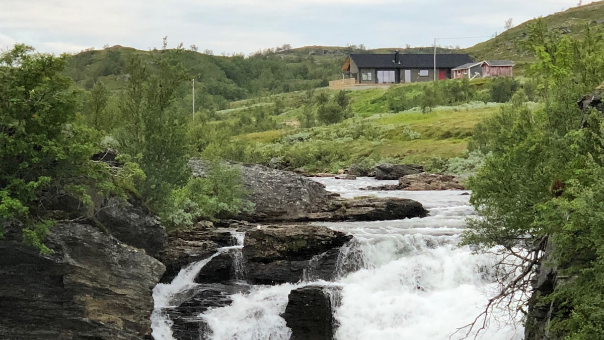 A serene river cascades over rocky formations, surrounded by lush greenery. In the distance, a charming cabin is nestled on a hillside, offering a peaceful backdrop against the natural landscape.