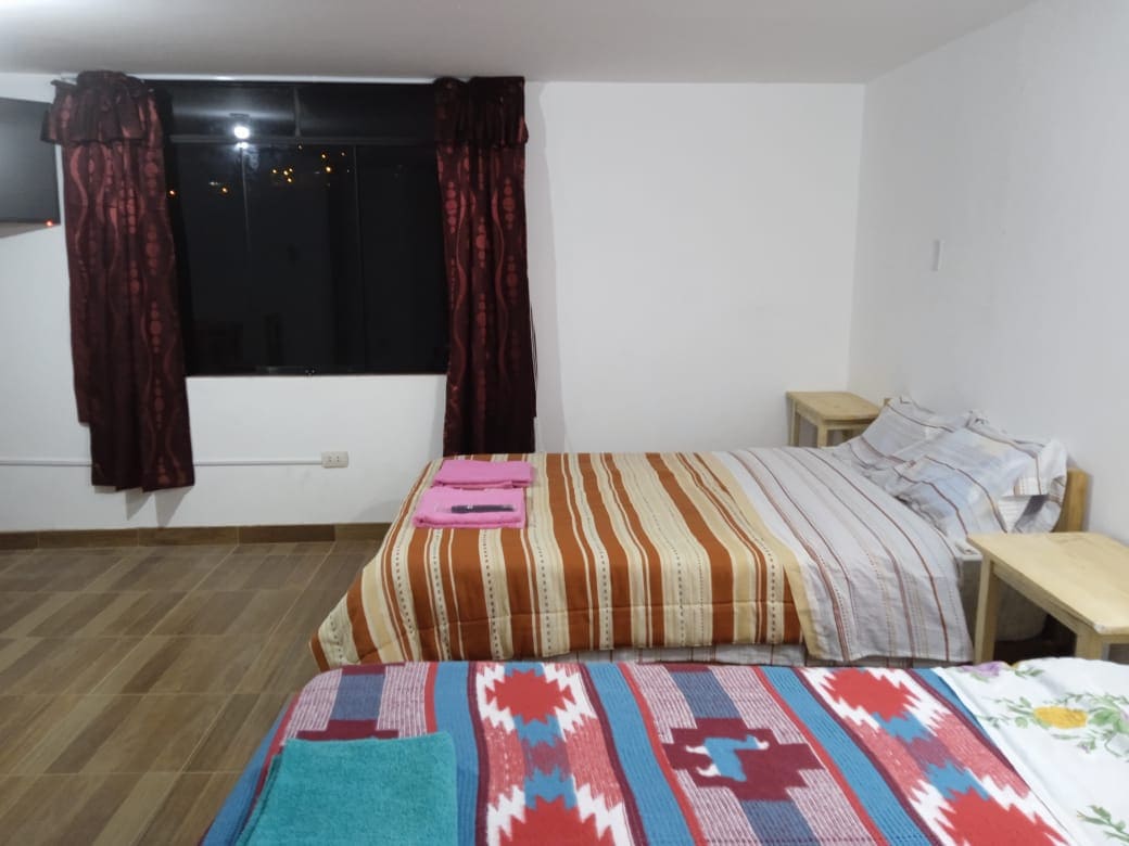 The room features two spacious beds, each adorned with distinct patterned bedding. A medium-sized window allows light to enter, framed by red, textured curtains. Two wooden nightstands are positioned beside each bed, providing practical surfaces for personal items.