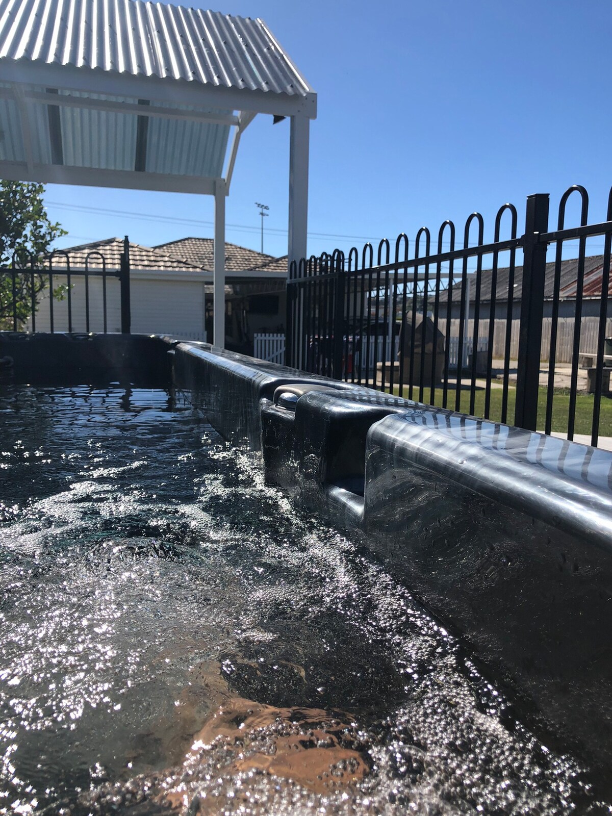 The swim spa glistens under clear blue skies, with water bubbling gently. Surrounding greenery and a fenced area provide privacy, while a roofed structure offers shade nearby. The scene reflects a serene environment for relaxation.