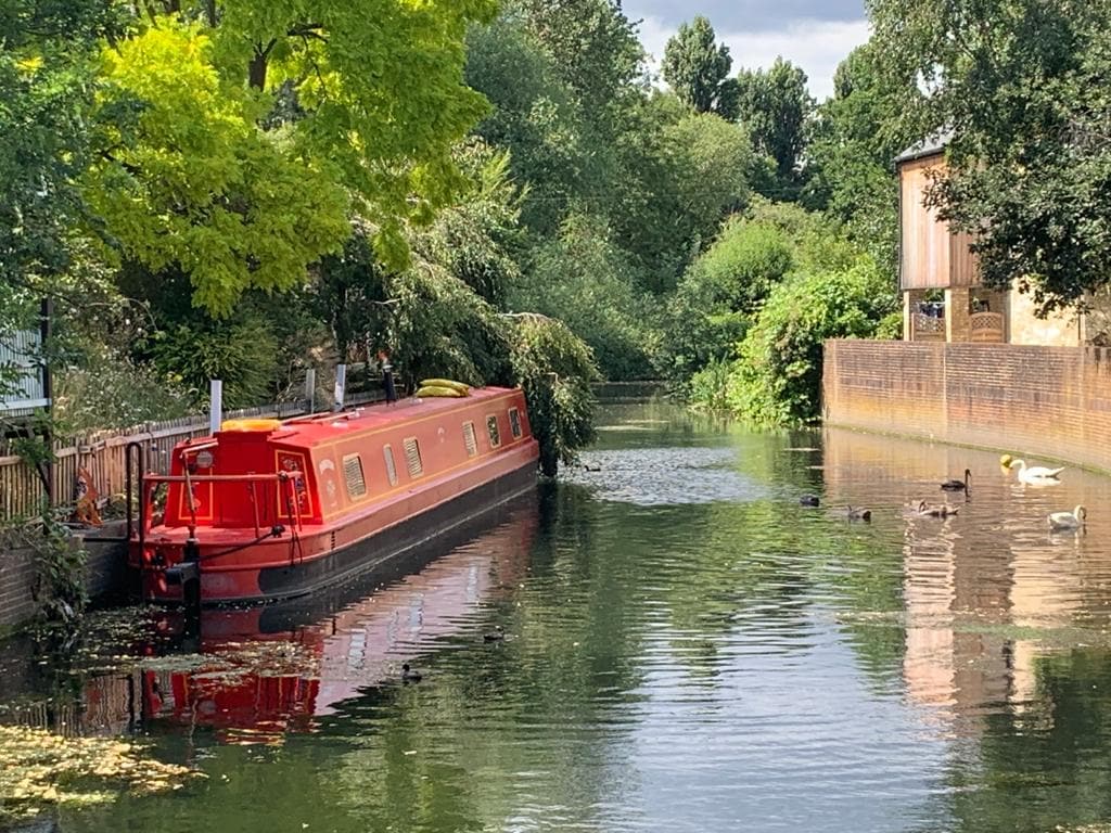 A red narrowboat is moored along a tranquil waterway, surrounded by lush greenery. Ducks and swans are visible on the water, while the reflections of trees and buildings create a serene atmosphere.