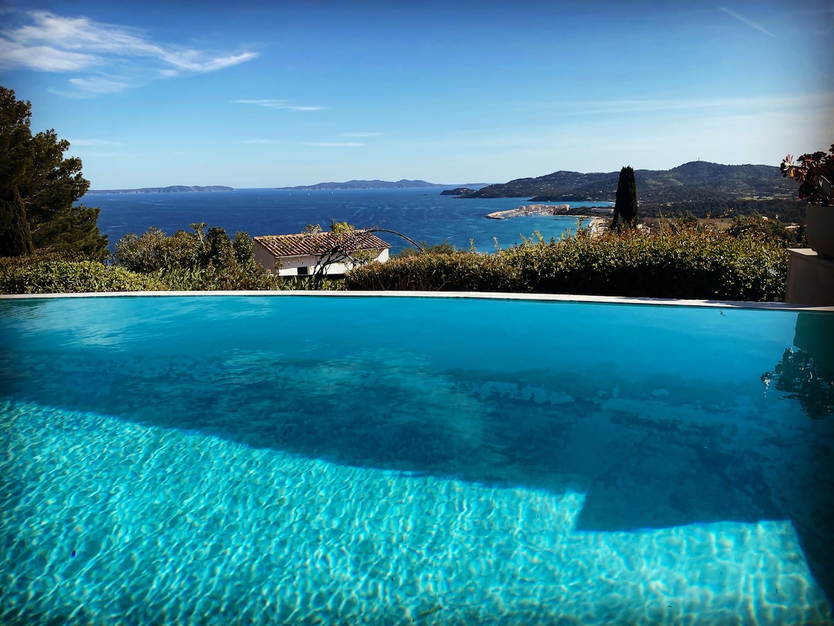 A tranquil infinity pool is featured, merging with the horizon. The clear water reflects the sky above, while the surrounding greenery adds a natural frame to the scene. In the distance, the sparkling blue sea and coastline are visible, enhancing the serene atmosphere.