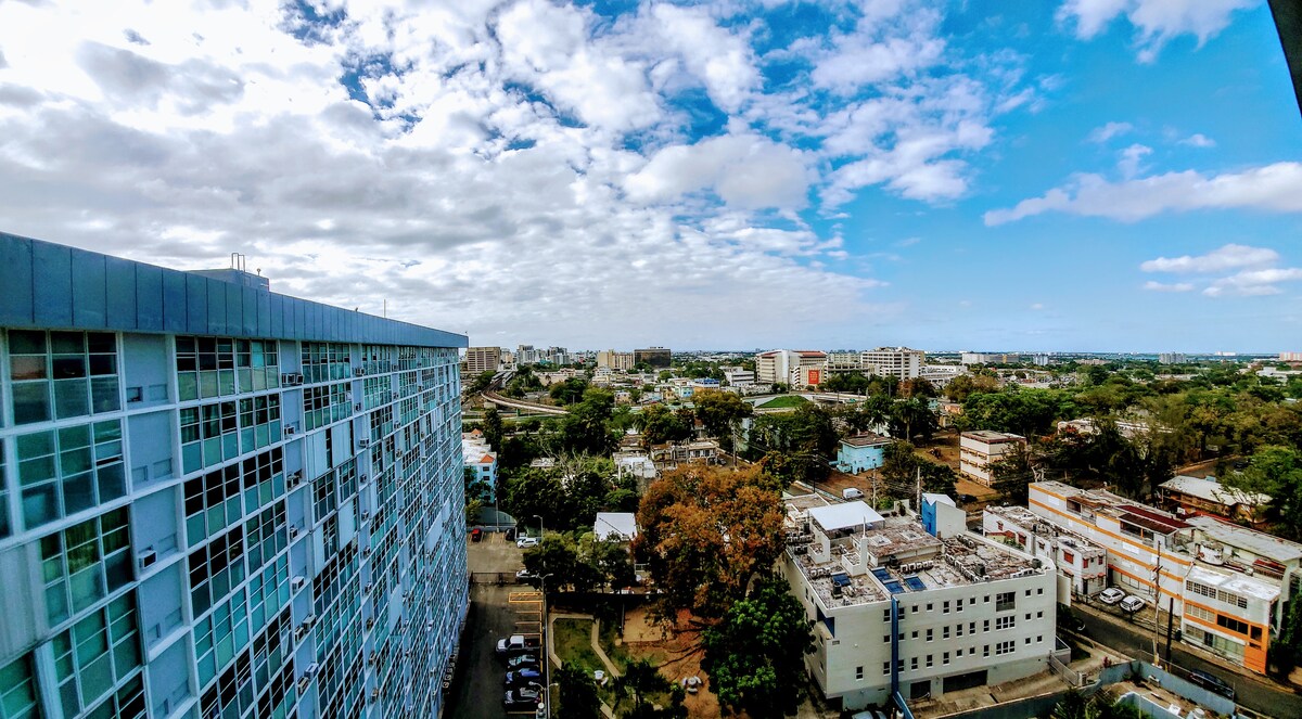 A panoramic view of the cityscape captures a blend of urban and green spaces. The scene features various buildings below, with trees scattered throughout the area under a partly cloudy sky. The horizon showcases distant structures, extending further into the landscape.
