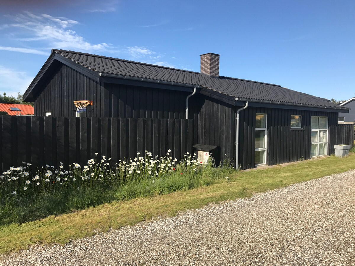 The exterior of the house is presented with a modern black wooden facade and large windows. Surrounding greenery includes wildflowers along a gravel pathway. A basketball hoop is attached to the side of the house, set against a clear blue sky.