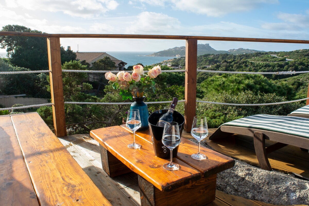 An outdoor terrace features a wooden table adorned with a bouquet of roses, a bucket of chilled wine, and glasses. Rolling green hills and a distant coastline are visible under a partly cloudy sky, creating a serene setting for relaxation.