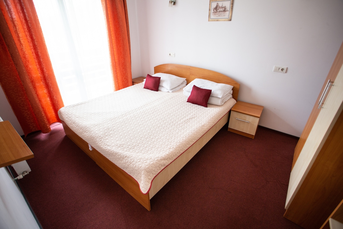A spacious sleeping area features a wooden bed with two white pillows and red accent cushions. The room is illuminated by natural light filtering through sheer orange curtains. A bedside table with a drawer is placed beside the bed, and the carpeted floor provides a cozy feel.