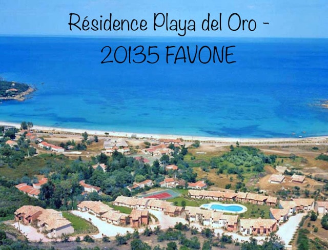 An aerial view captures the grounds of Résidence Playa del Oro, showcasing a sprawling layout with multiple villas surrounded by greenery. The turquoise waters and sandy beach are visible in the backdrop, along with a swimming pool situated within the residence.