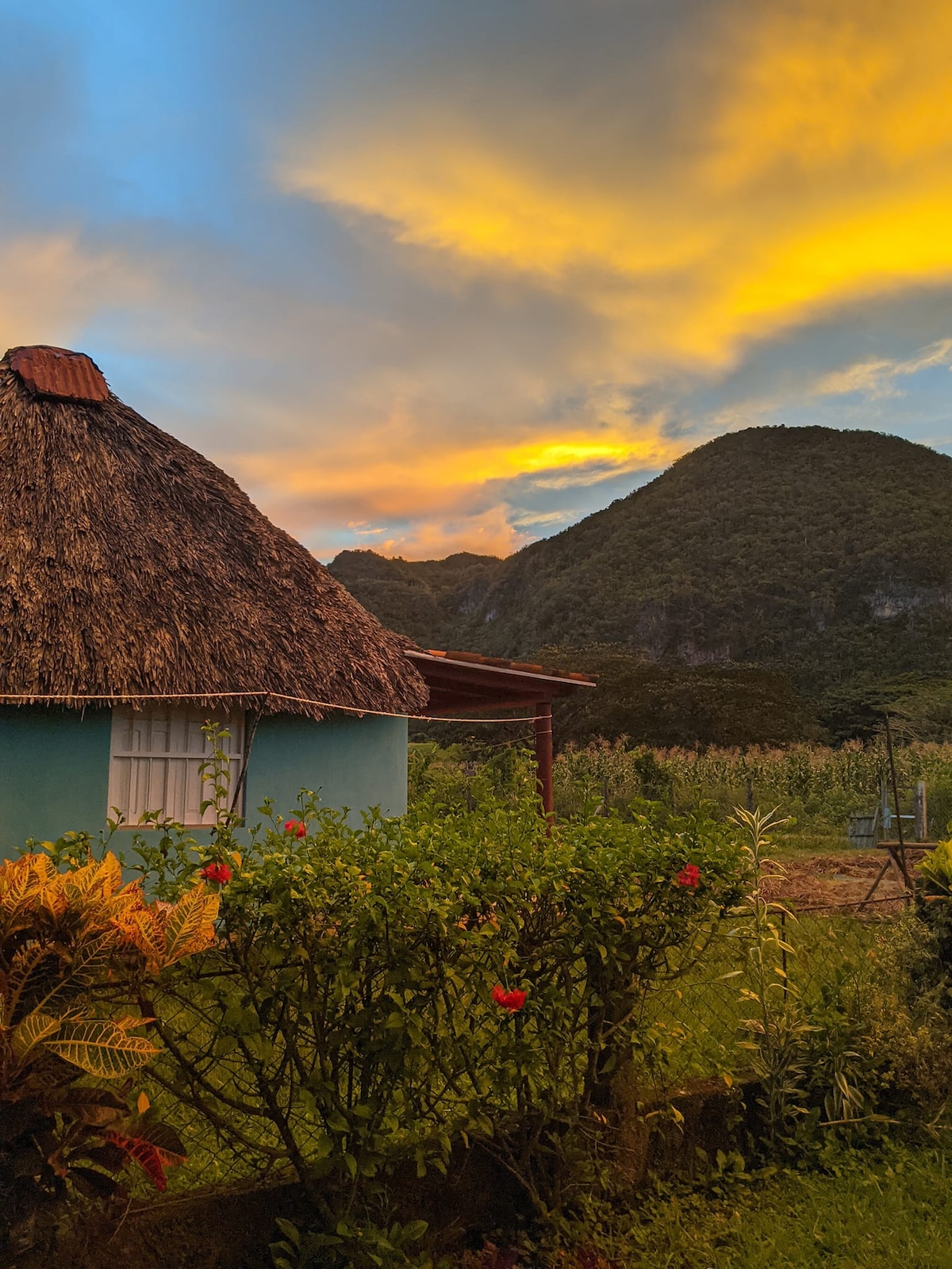 A traditional wooden cabin with a thatched roof is surrounded by vibrant greenery and colorful flowers. A captivating sunset paints the sky with warm hues, while mountains rise in the background, enhancing the tranquil atmosphere of the rural landscape.