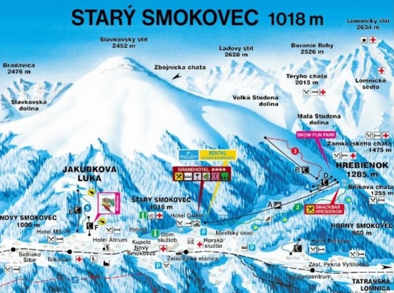 A detailed map of the Starý Smokovec area is displayed, highlighting notable landmarks and routes. Key locations such as Jakubkova Lúka and Hrebienok are marked, with elevation data indicated. Different symbols represent skiing facilities, rental options, and points of interest in the picturesque mountainous region.