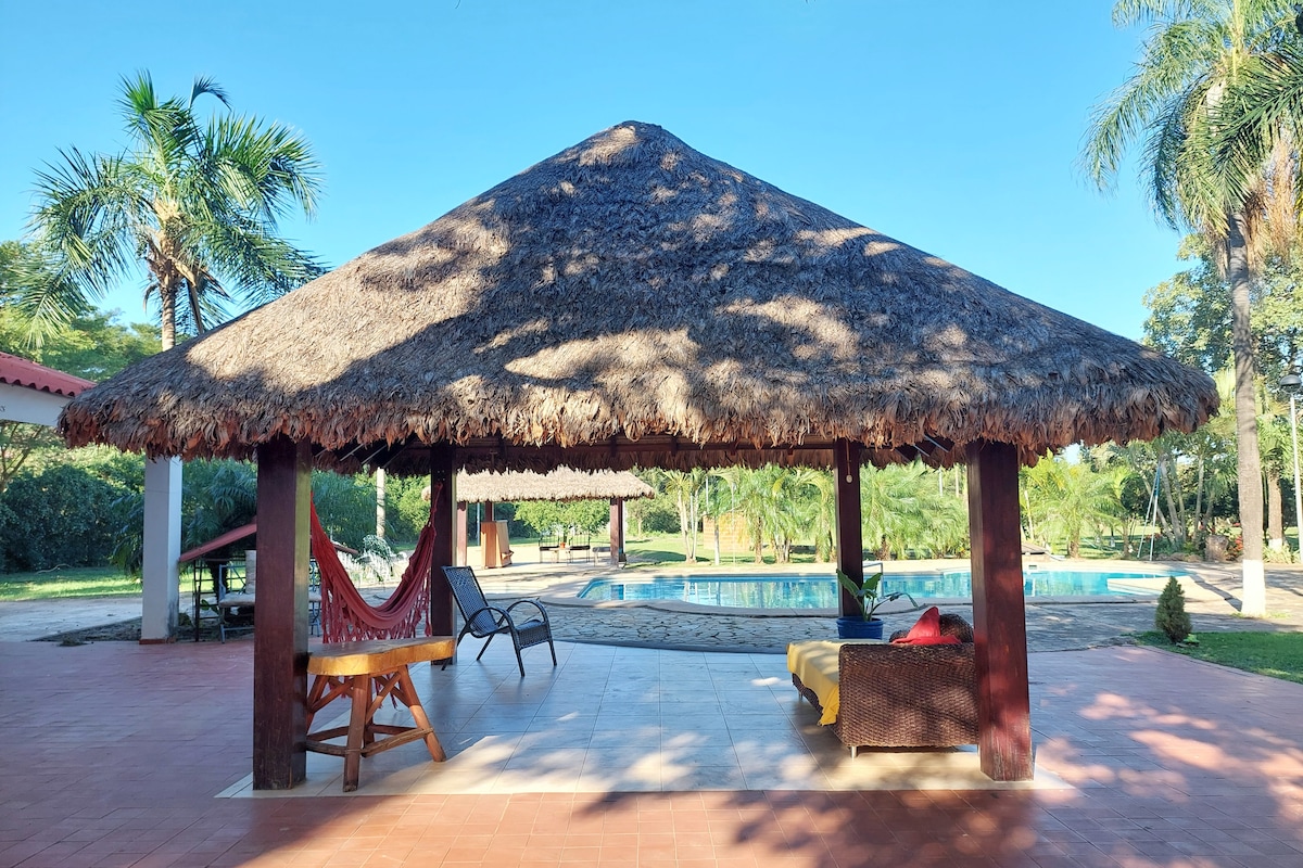A covered outdoor lounge area features a thatched roof and is furnished with comfortable seating. A hammock hangs nearby, while the pool is visible in the background, surrounded by lush greenery and palm trees.