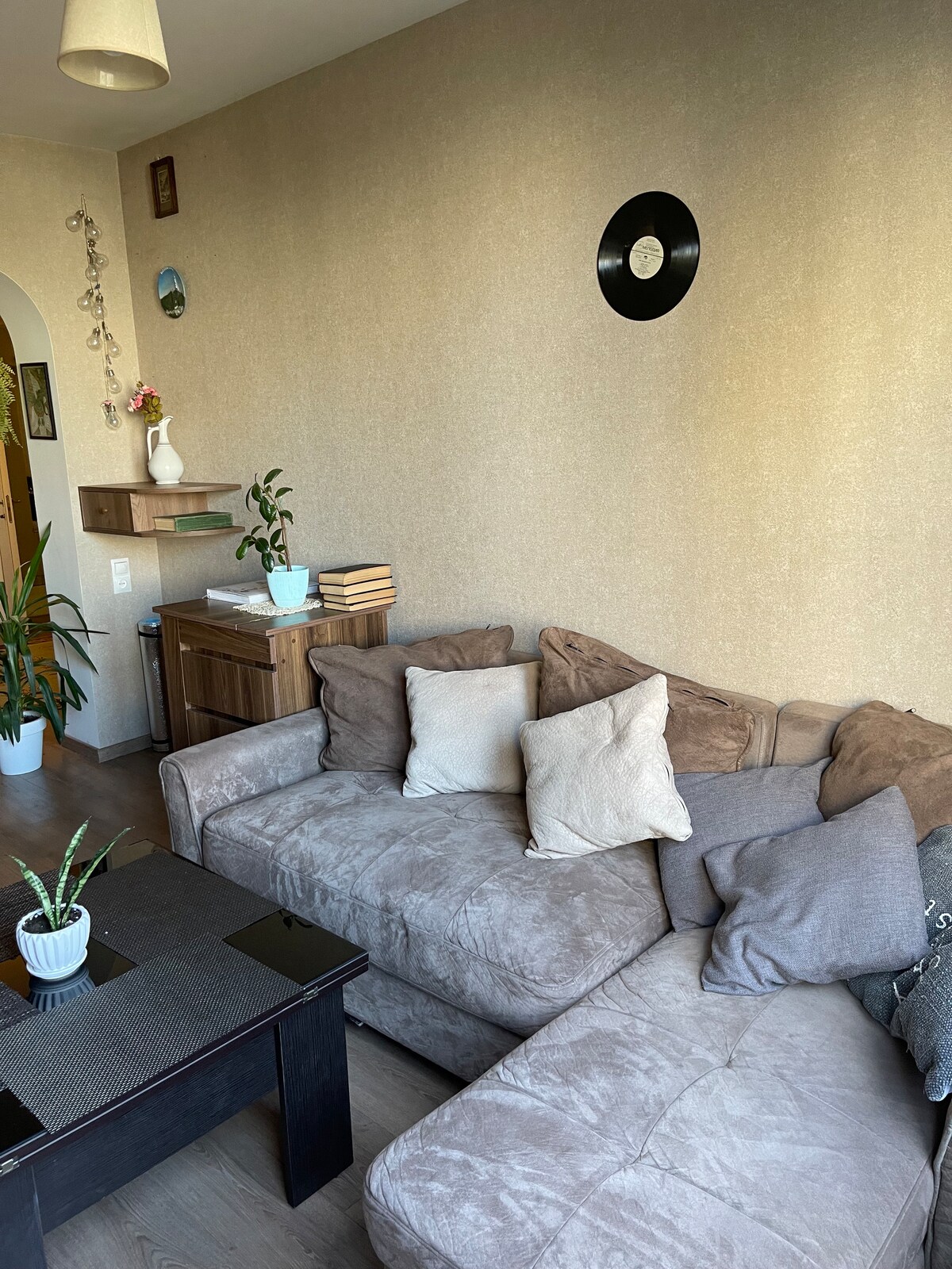 A cozy living room area features a plush sectional sofa adorned with multiple throw pillows. A dark coffee table sits in front, with a small plant on it. A decorative wall showcases a vinyl record and a few ornamental pieces, creating an inviting space.