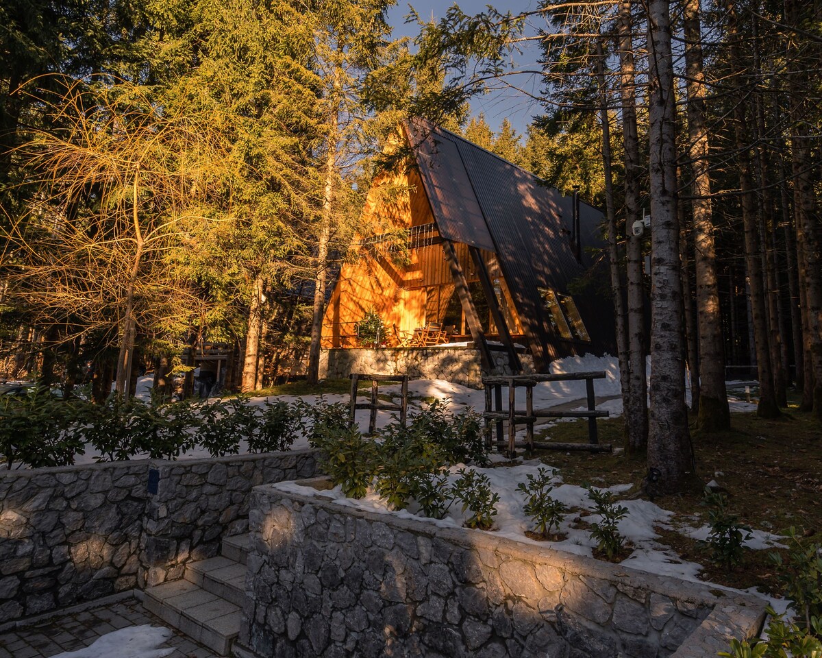 A modern A-frame house is surrounded by tall trees, with sunlight filtering through the foliage. The wooden structure features a large deck with outdoor seating, set against a backdrop of snow-covered ground. Natural stone steps lead up to the entrance.