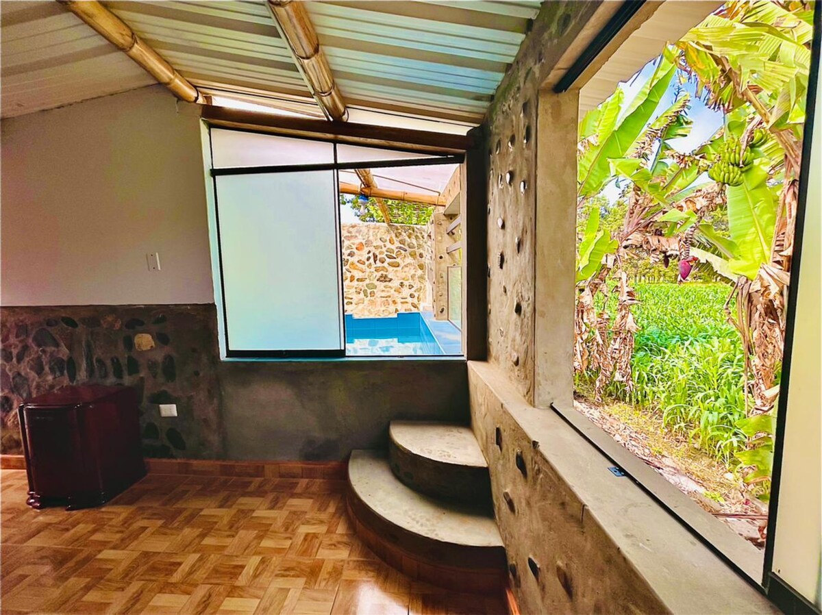 A spacious room is highlighted by large windows allowing natural light to illuminate the interior. A view of a tranquil pool is visible through one window, while greenery and banana plants can be seen outside another.