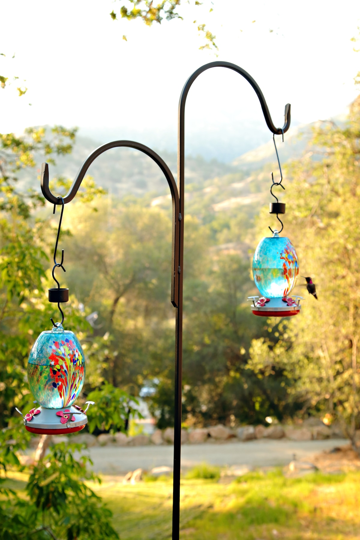 Two decorative bird feeders hang on a curved metal stand, each filled with vibrant glass featuring colorful floral patterns. The background includes a scenic view of lush greenery and distant hills, creating a serene environment for birdwatching.