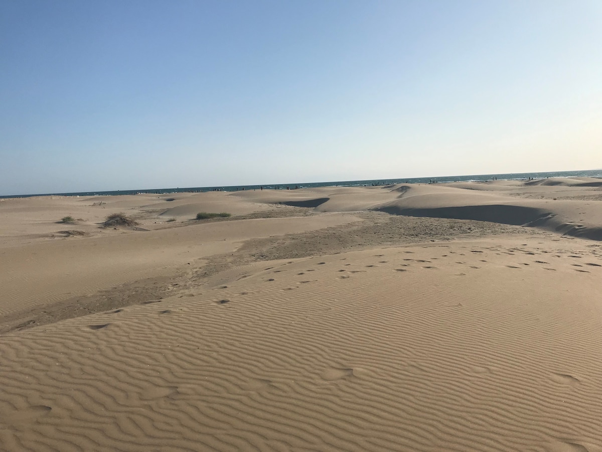 A wide expanse of golden sand is visible, with gentle dunes and small patches of vegetation scattered throughout. The serene beach stretches towards the horizon, where the clear blue sea meets the sky, offering a tranquil coastal environment.