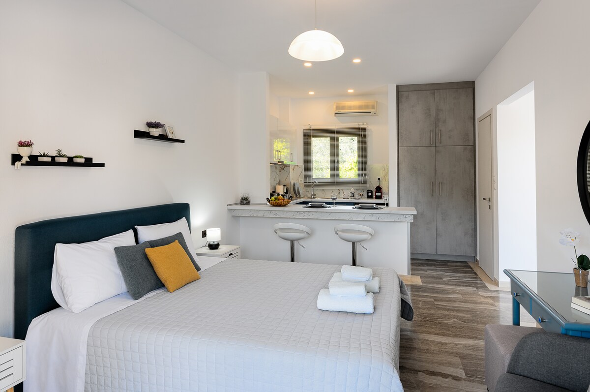 A modern studio is presented with a spacious bed dressed in fresh linens and accented by a decorative pillow. An open kitchen area featuring contemporary appliances and bar seating is visible in the background, complemented by natural light streaming through the windows.