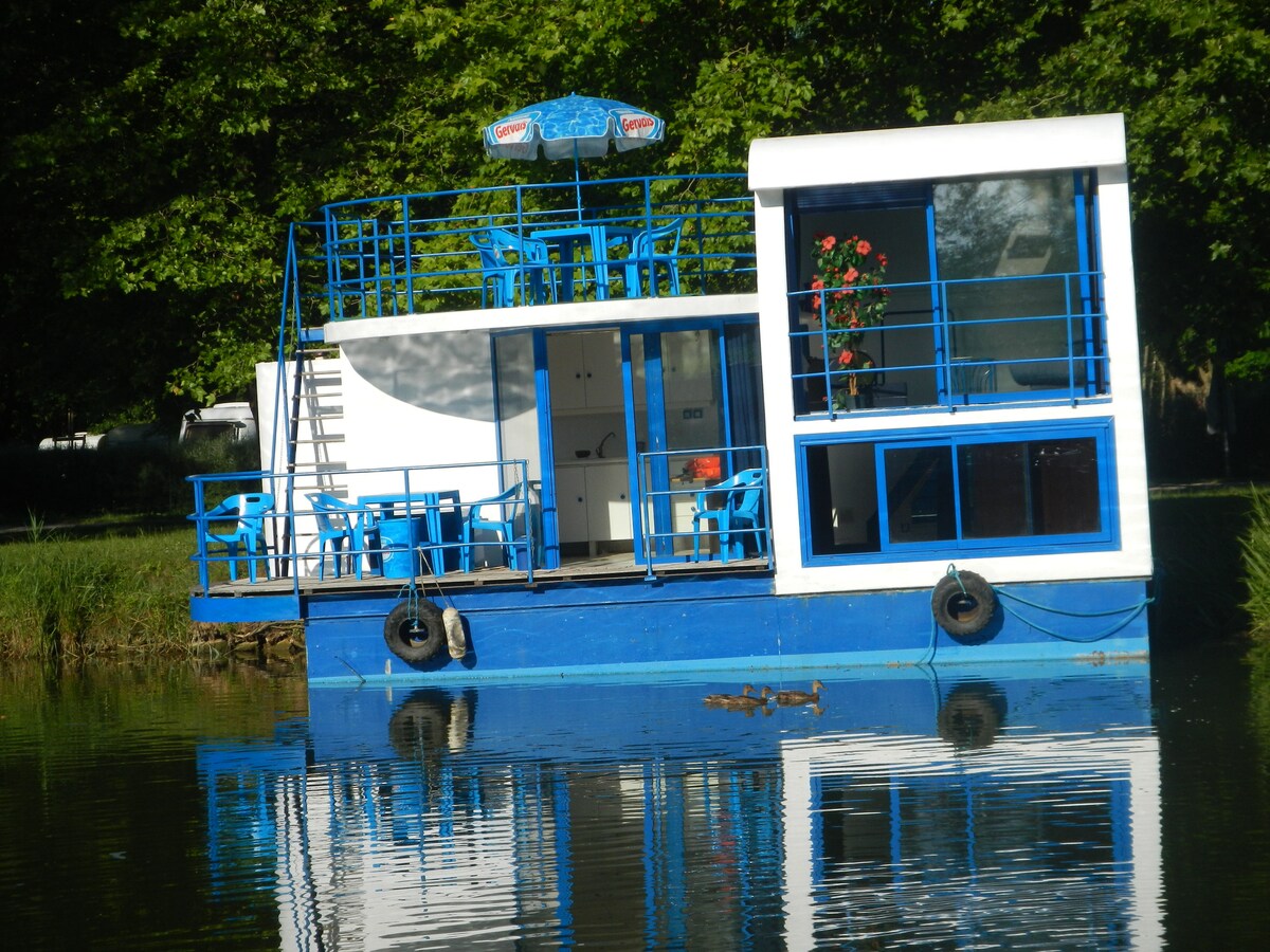 A unique floating apartment is positioned on a calm river, featuring a spacious upper deck with blue lounge chairs and an umbrella. The structure includes large windows that allow for natural lighting and a floral decoration, enhancing the surrounding natural environment.