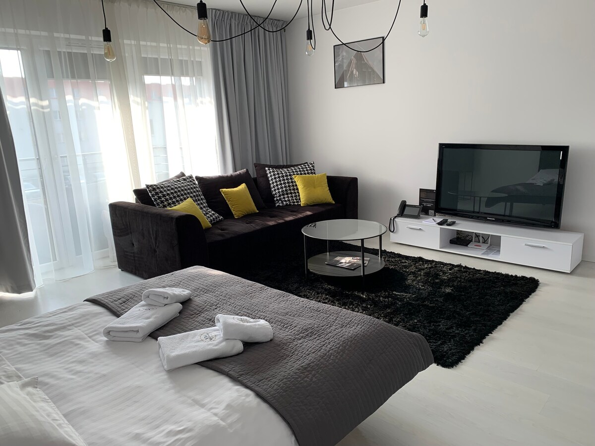 A combined living and sleeping area features a spacious bed covered with fresh linens. A dark sofa adorned with yellow cushions complements a glass coffee table. A television is positioned on a sleek white cabinet, with light filtering through sheer curtains.