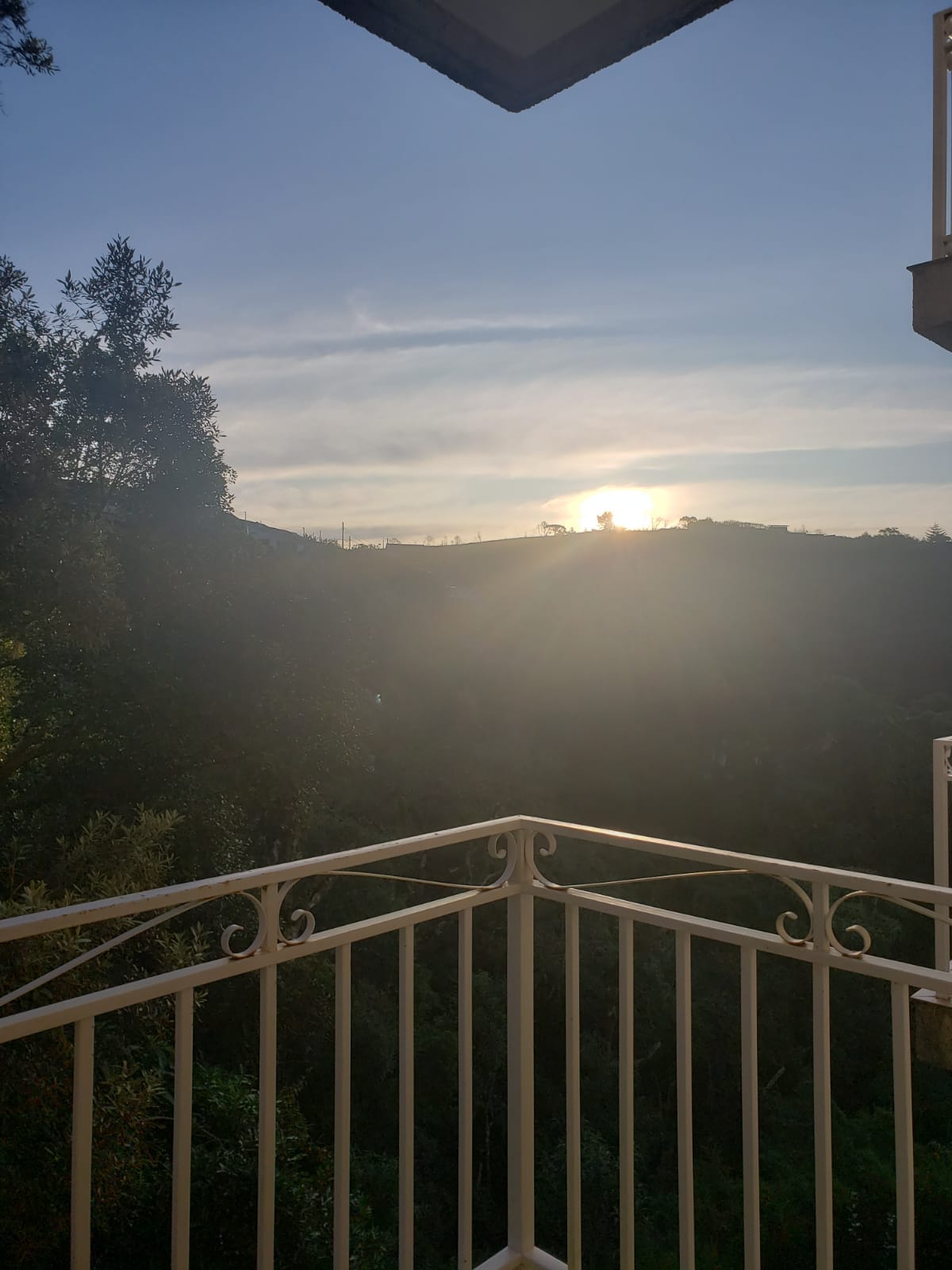 A serene balcony view showcases a sunset illuminating the distant hills. Soft light filters through the trees, creating a peaceful atmosphere. A white railing adorns the balcony, providing a safe and inviting space to enjoy the natural surroundings.