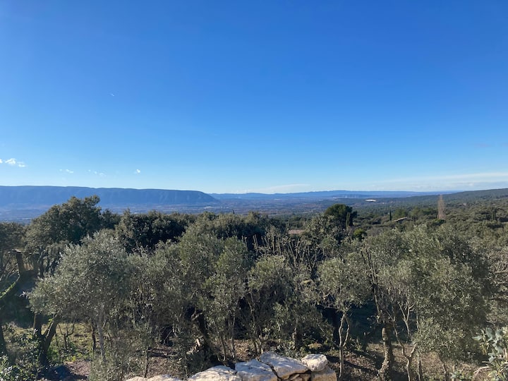 Pamje e anës së ballkonit të Luberonit dhe Alpilles të 2 dhomave të gjumit ( me poshtë kopshtit të vogël dhe basenit të tij).