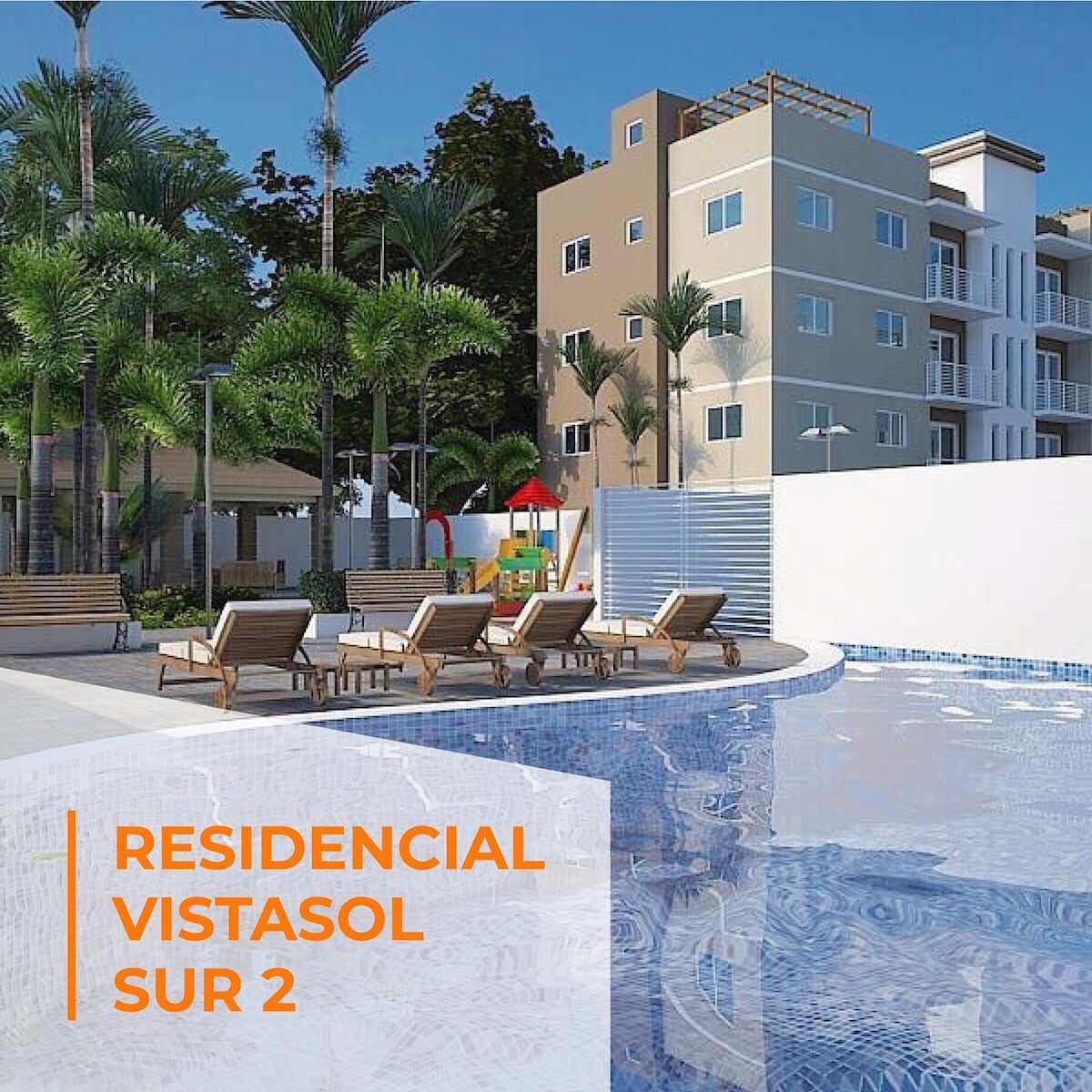 A residential complex is shown with a calm pool area, surrounded by palm trees and lounge chairs. The clear water gently reflects the light. Colorful play equipment is visible in the background, indicating a family-friendly environment.