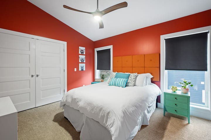 Red Bedroom with queen bed.